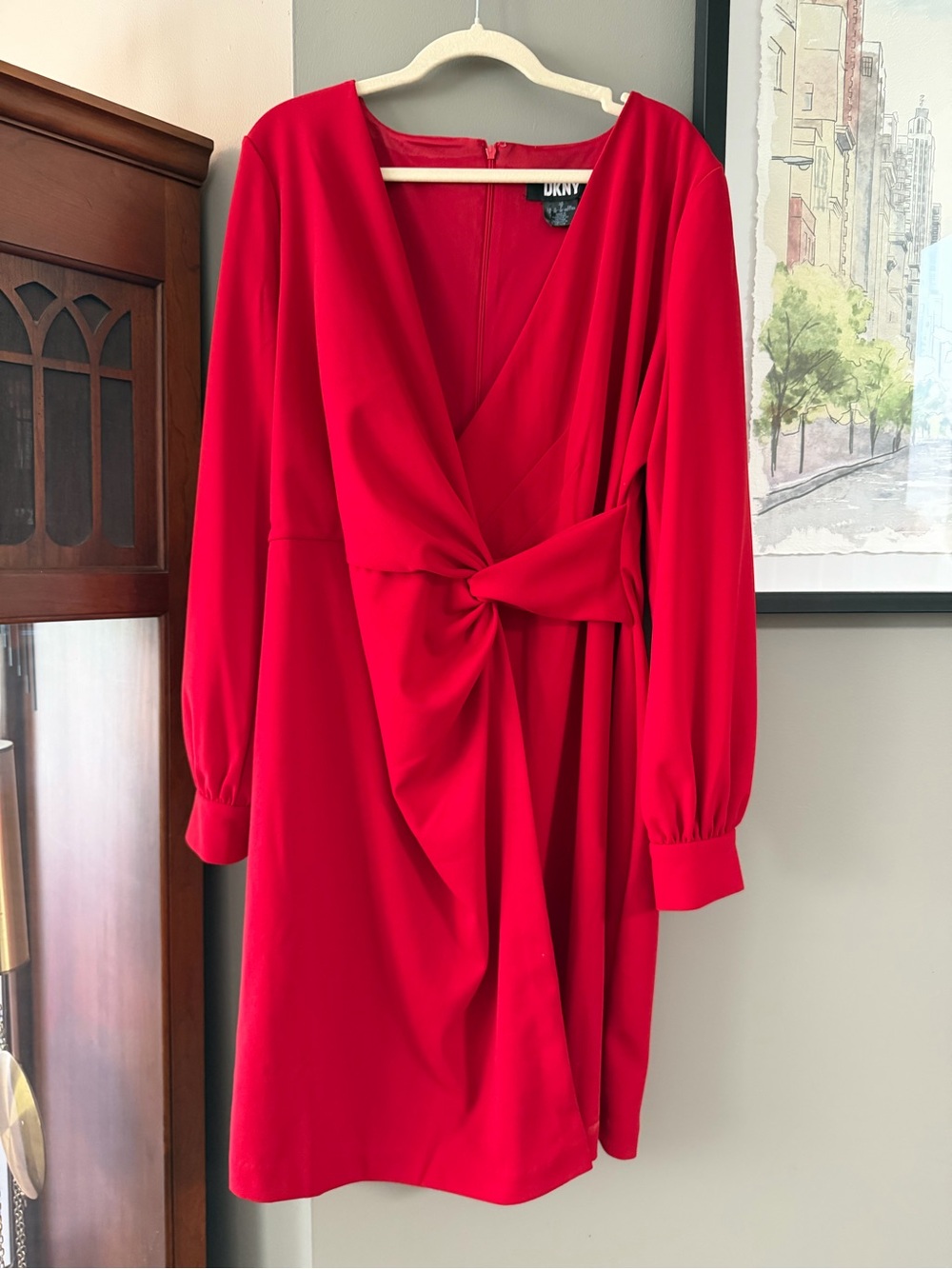 DKNY Red Long-Sleeve Twist-Front V-Neck Dress. Size 16